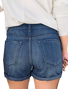 Maolijer Women's Mid Waisted Stretch Shorts Folded Hem Frayed Distressed Jean Denim Shorts