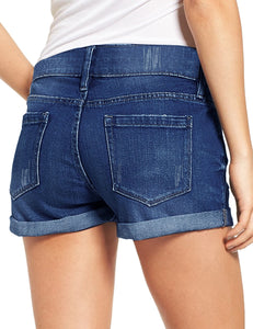 Maolijer Women's Mid Waisted Stretch Shorts Folded Hem Frayed Distressed Jean Denim Shorts