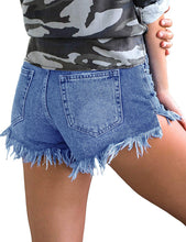 Load image into Gallery viewer, Maolijer Women&#39;s Mid Waisted Stretch Shorts Folded Hem Frayed Distressed Jean Denim Shorts