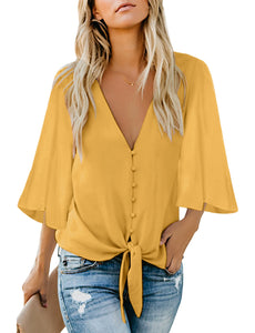 Maolijer Women's Casual Loose Shirt 3/4 Sleeve V Neck Loose Tie Front Blouses Top