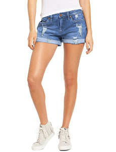 Maolijer Women's Mid Waisted Stretch Shorts Folded Hem Frayed Distressed Jean Denim Shorts