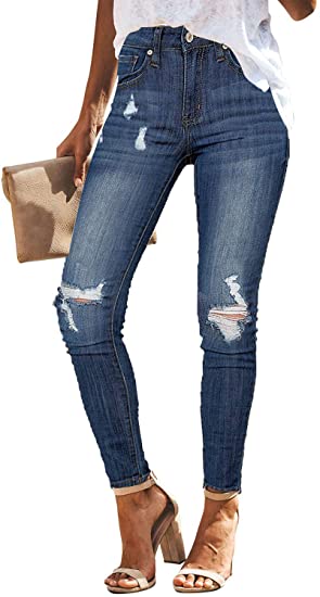 Maolijer Women's Mid Rise Ripped Distressed Denim Jeans Stretch Skinny Jeans with Hole