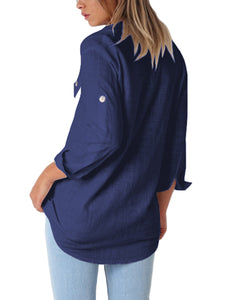 Maolijer Women's Casual V Neck Button Down Blouse Roll-up Sleeve Loose Shirt Tunic Tops with Pockets