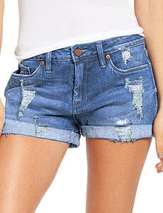 Maolijer Women's Mid Waisted Stretch Shorts Folded Hem Frayed Distressed Jean Denim Shorts