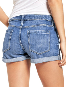 Maolijer Women's Mid Waisted Stretch Shorts Folded Hem Frayed Distressed Jean Denim Shorts