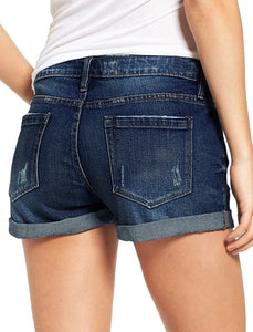 Maolijer Women's Mid Waisted Stretch Shorts Folded Hem Frayed Distressed Jean Denim Shorts