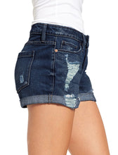 Load image into Gallery viewer, Maolijer Women&#39;s Mid Waisted Stretch Shorts Folded Hem Frayed Distressed Jean Denim Shorts