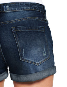 Maolijer Women's Mid Waisted Stretch Shorts Folded Hem Frayed Distressed Jean Denim Shorts