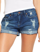 Load image into Gallery viewer, Maolijer Women&#39;s Mid Waisted Stretch Shorts Folded Hem Frayed Distressed Jean Denim Shorts