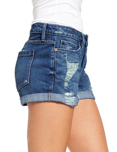 Maolijer Women's Mid Waisted Stretch Shorts Folded Hem Frayed Distressed Jean Denim Shorts