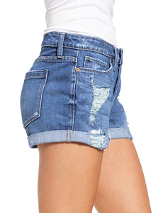 Maolijer Women's Mid Waisted Stretch Shorts Folded Hem Frayed Distressed Jean Denim Shorts